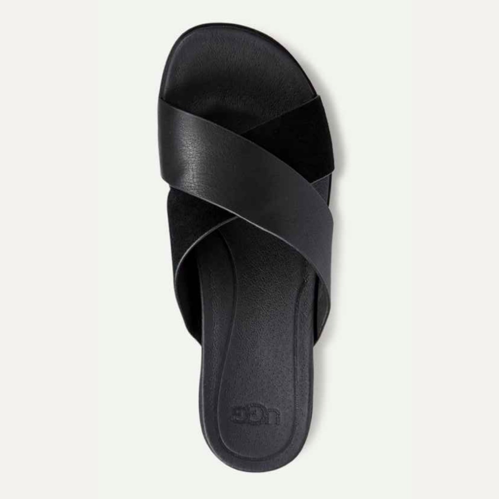 Ugg Kari Leather Slide Sandal Womens Black Slip On Open Toe Crisscross Strap 7 - Picture 2 of 15